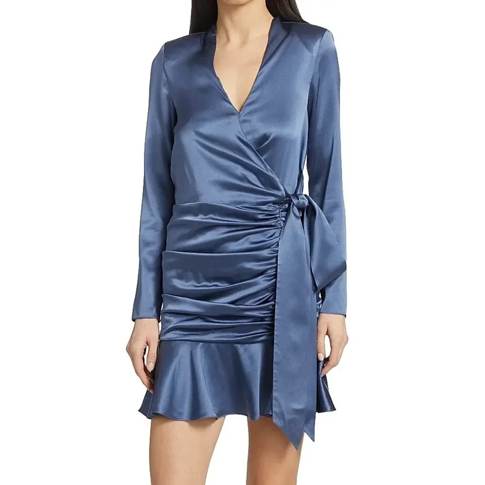 Veronica Beard Agatha Silk Wrap Dress Sz 8 Blue Satin Ruffle Mini - Picture 2 of 16